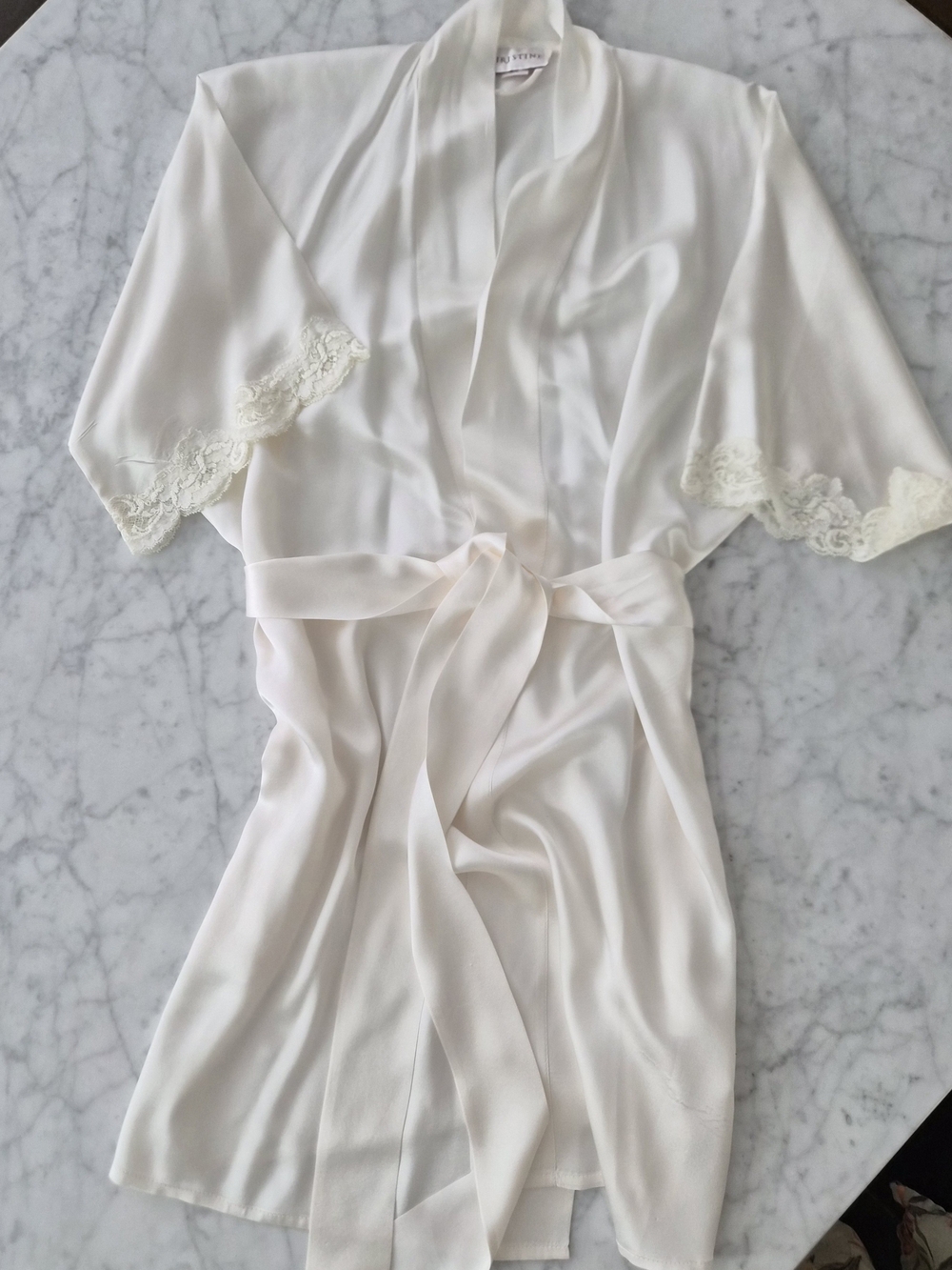 Lace-Trim Satin Wrap Robe in Ivory by
